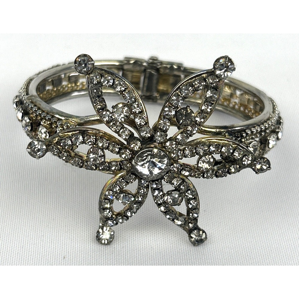 Vtg. Silver Tone Crystal Flower Statement Wide Cuff Bracelet Hinged Rhineston